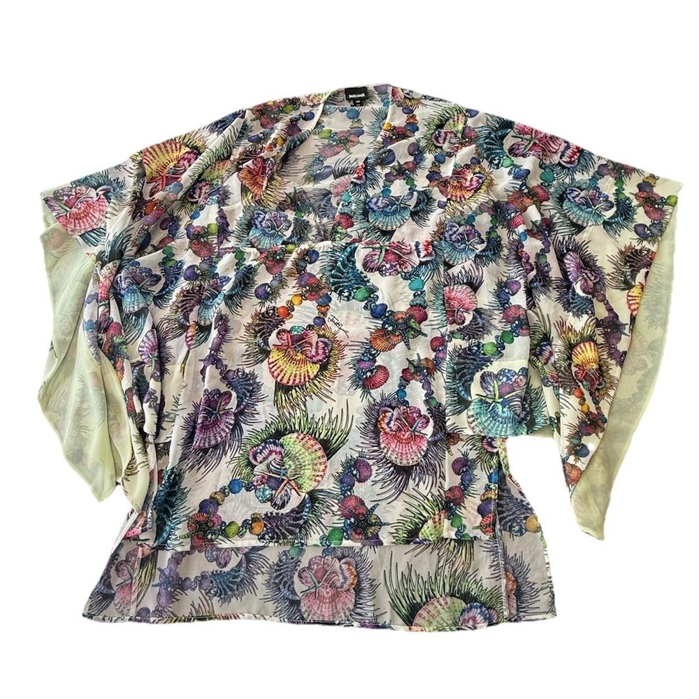 Just Cavalli Seashell‎ Print Sheer Blouse Italy Size 40 Beach Resort Top